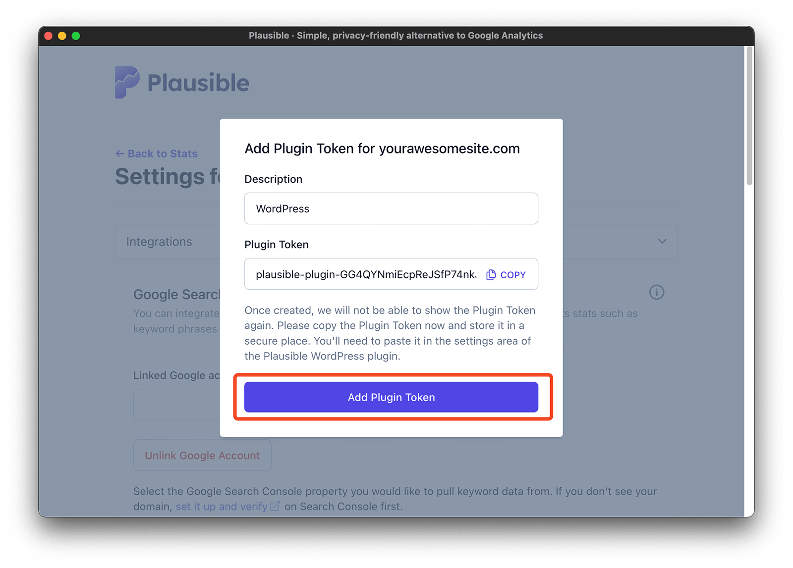 Add your Plausible plugin token in WordPress